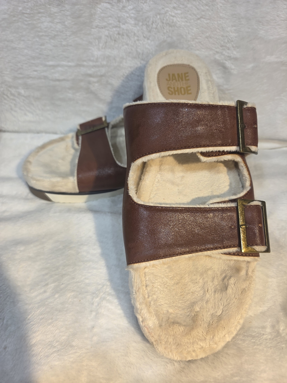 JANE AND THE SHOE Brown Faux-Fur Double Buckle Slide Sandals